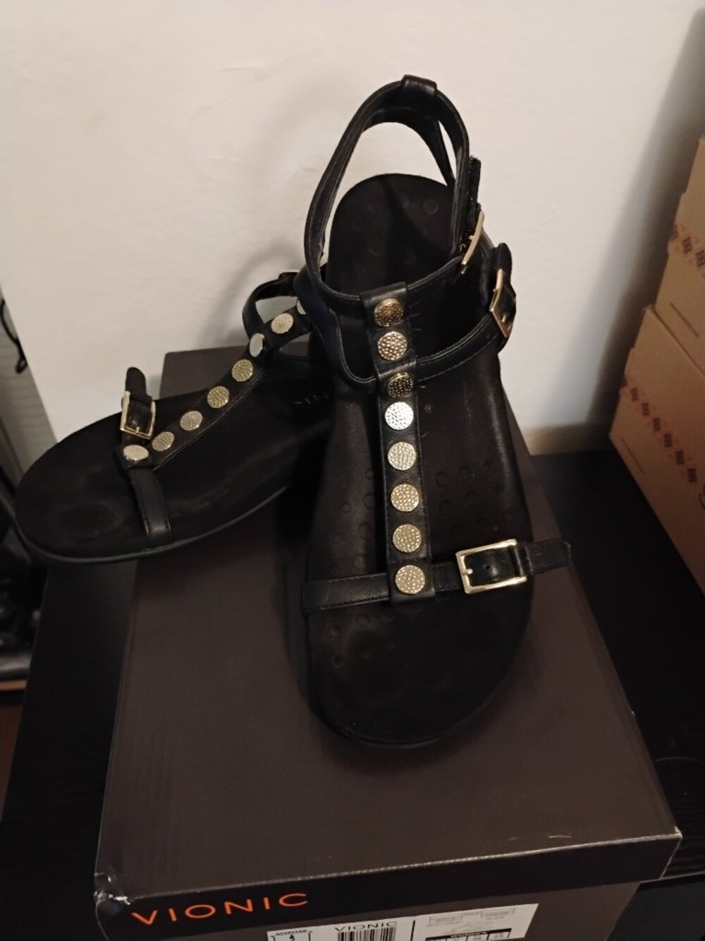 Vionic "Hailey" T-Strap Gladiator Type Sandal - Black with Gold Studs - Size 8